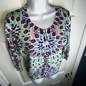 Talbots Petites Small White Blue Geo Print Cotton Knit Cardigan Sweater Top SP